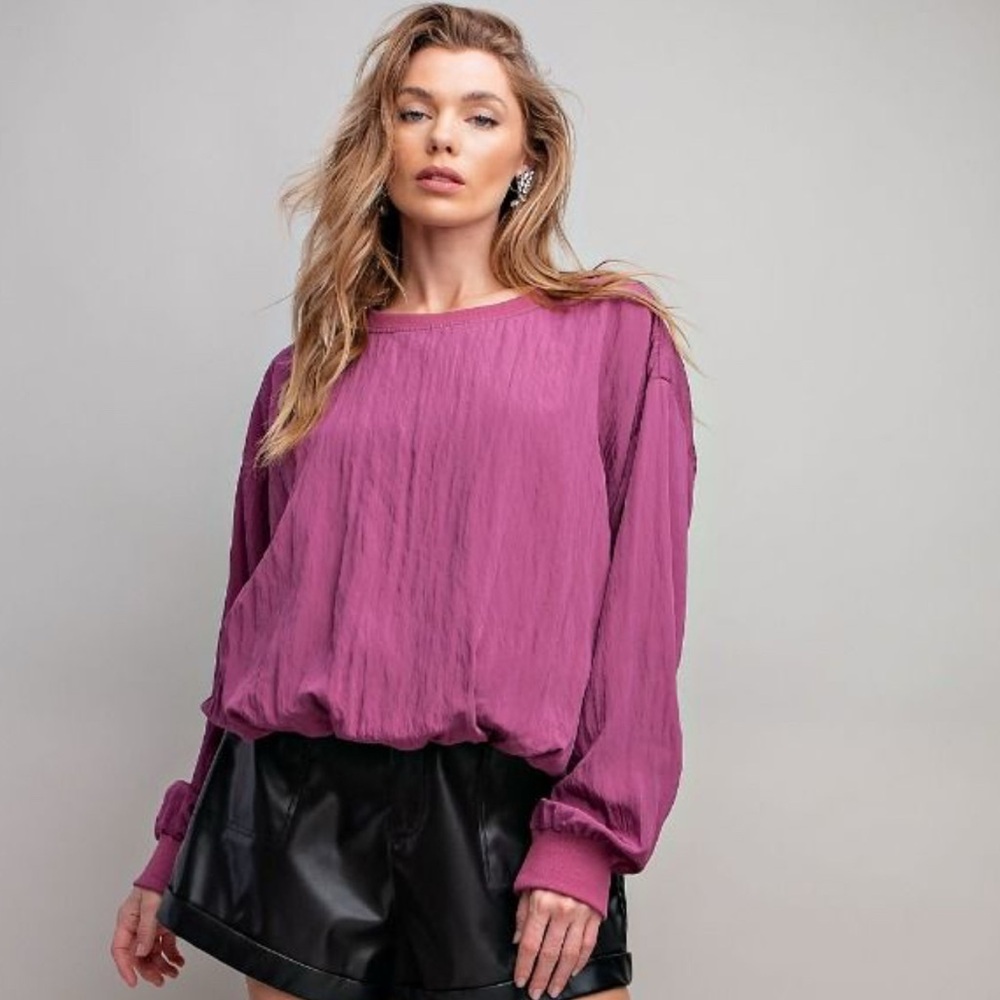 Easel Magenta Boxy Pleated Long Sleeve Blouse